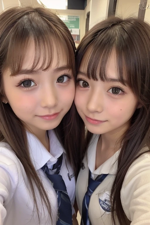 Japanese female 1 person、Baby Face,  (masterpiece,  best quality,  raw photo:1.2),  (upper body,  front angle), (2girls has a different hairstyle and face ,  2girls,  pair, friends:1.3),  cute girl,  famous pretty 16’s girls,  (looking viewer,  close up,  face,  face photo:1.2),  pretty face,  (front view:1.2),  (smile:0.6),  idol face,  famous japanese idol,  (very pretty:1.3), (((school uniform,  high school girls)))