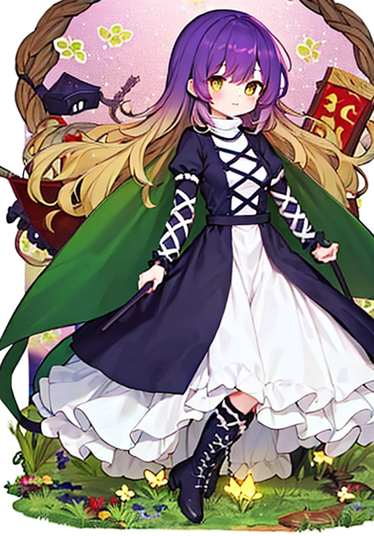 hijiri byakuren (touhou), gradient hair, two-tone hair, purple hair, brown hair, wavy hair, white dress, cross-laced clothes, turtleneck dress, juliet sleeves, puffy short sleeves, boots, sorcerer's sutra scroll, cape, hijiri byakuren, 1girl, multicolored hair, long hair, yellow eyes, layered dress, long sleeves, ajirogasa, necklace