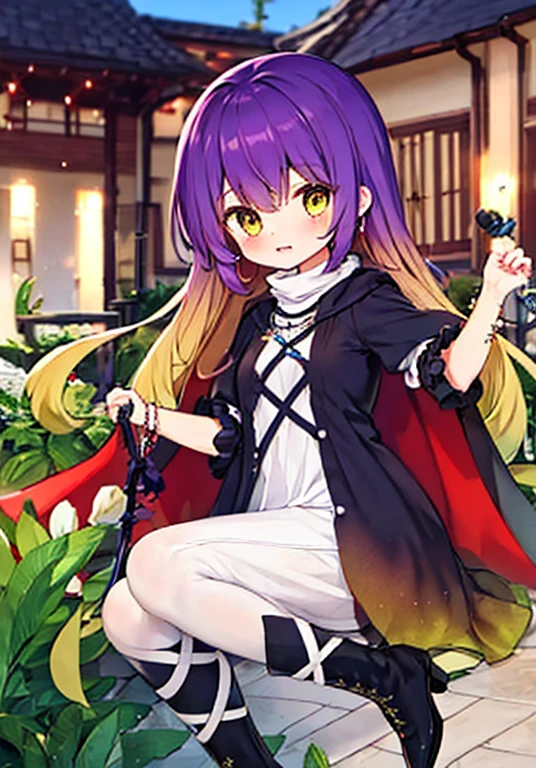 hijiri byakuren (touhou), gradient hair, two-tone hair, purple hair, brown hair, wavy hair, white dress, cross-laced clothes, turtleneck dress, juliet sleeves, puffy short sleeves, boots, sorcerer's sutra scroll, cape, hijiri byakuren, 1girl, multicolored hair, long hair, yellow eyes, layered dress, long sleeves, ajirogasa, necklace