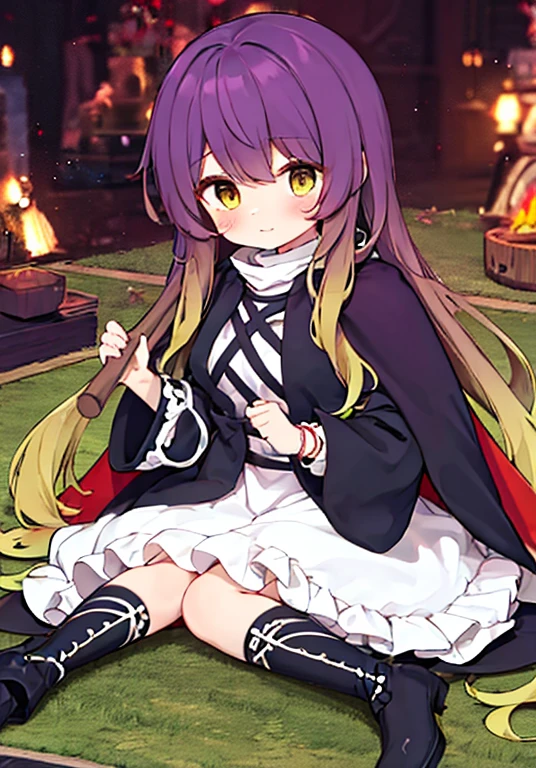 hijiri byakuren (touhou), gradient hair, two-tone hair, purple hair, brown hair, wavy hair, white dress, cross-laced clothes, turtleneck dress, juliet sleeves, puffy short sleeves, boots, sorcerer's sutra scroll, cape, hijiri byakuren, 1girl, multicolored hair, long hair, yellow eyes, layered dress, long sleeves, ajirogasa, necklace