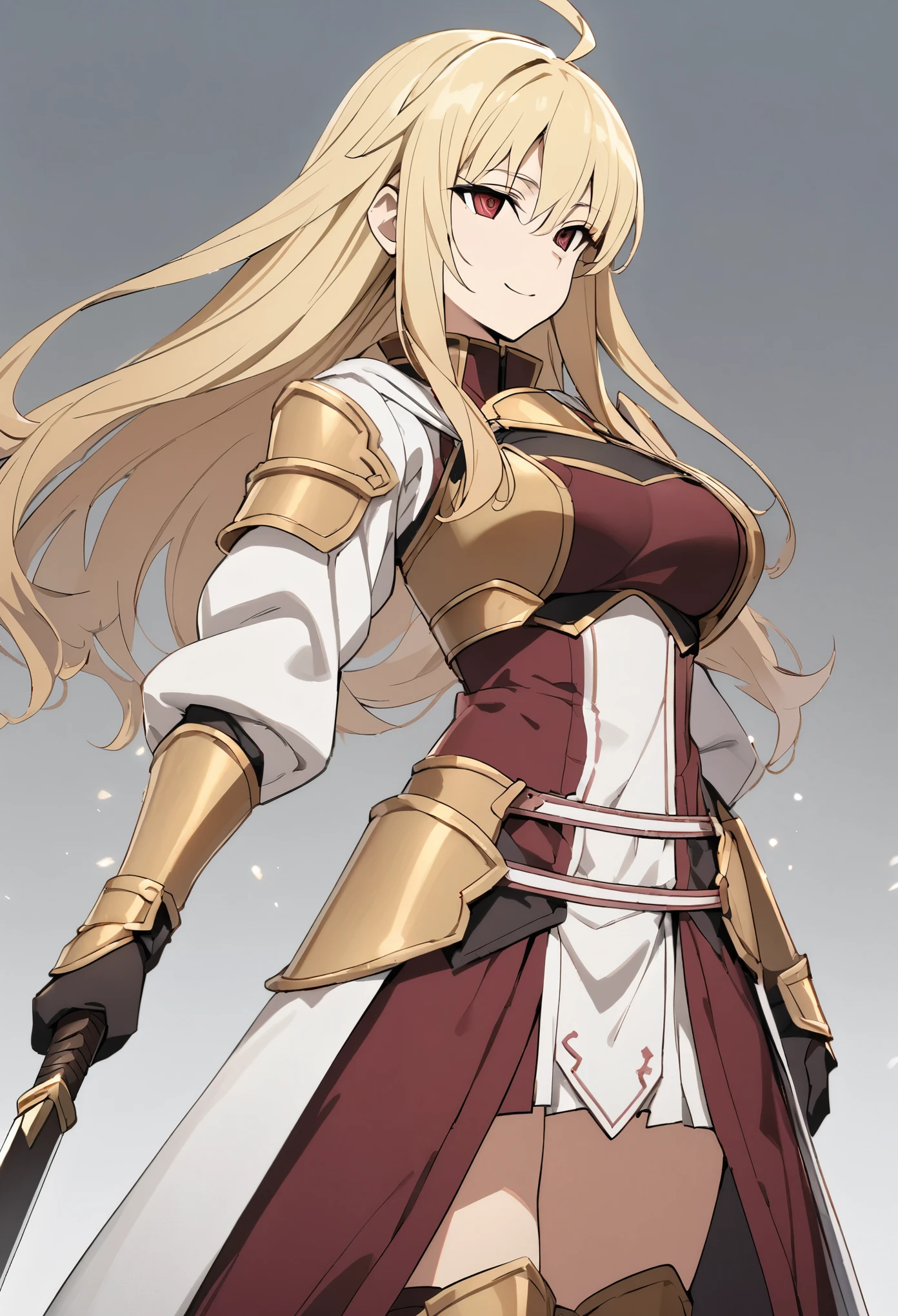 (high-quality, breathtaking),(expressive eyes, perfect face) 1girl, female, solo, mature, half open eyes, Alicization, Symmetrical Eyes, simple background, gentle smile, long hair, fantasy outfit, SAO inspired, maomao, armor, chest plate, sword art online outfit, cowboy shot, medium full shot, light blonde hair, bangs, alluring red eyes, large breasts, knight attire, Bicep-high Gauntlets, Armored Boots, Thigh-high Heeled Boots, Armored Gauntlets, Adventurer gear, Skirt, black white and maroon color palette, black clothes, dark maroon accents on clothes, hair between eyes, fluffy hair, half open eyes, hair over one eye, small Ahoge, pale blonde hair color, bright red eye color, straight hair, (NO braids in hair)