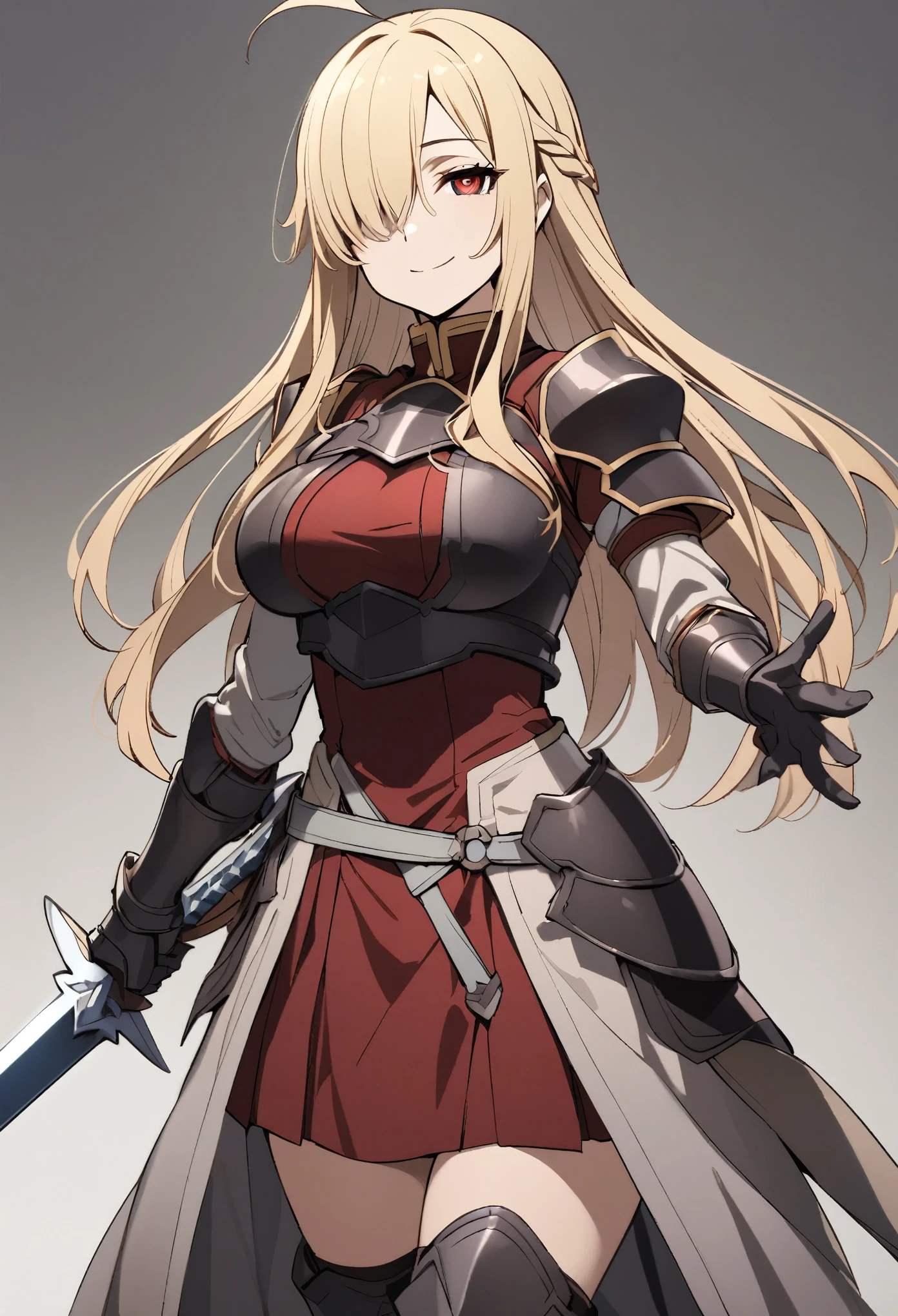 (high-quality, breathtaking),(expressive eyes, perfect face) 1girl, female, solo, mature, half open eyes, Alicization, Symmetrical Eyes, simple background, gentle smile, long hair, fantasy outfit, SAO inspired, maomao, armor, chest plate, sword art online outfit, cowboy shot, medium full shot, light blonde hair, bangs, alluring red eyes, large breasts, knight attire, Bicep-high Gauntlets, Armored Boots, Thigh-high Heeled Boots, Armored Gauntlets, Adventurer gear, Skirt, black white and maroon color palette, black clothes, dark maroon accents on clothes, hair between eyes, fluffy hair, half open eyes, hair over one eye, small Ahoge, pale blonde hair color, bright red eye color, straight hair, (NO braids in hair)