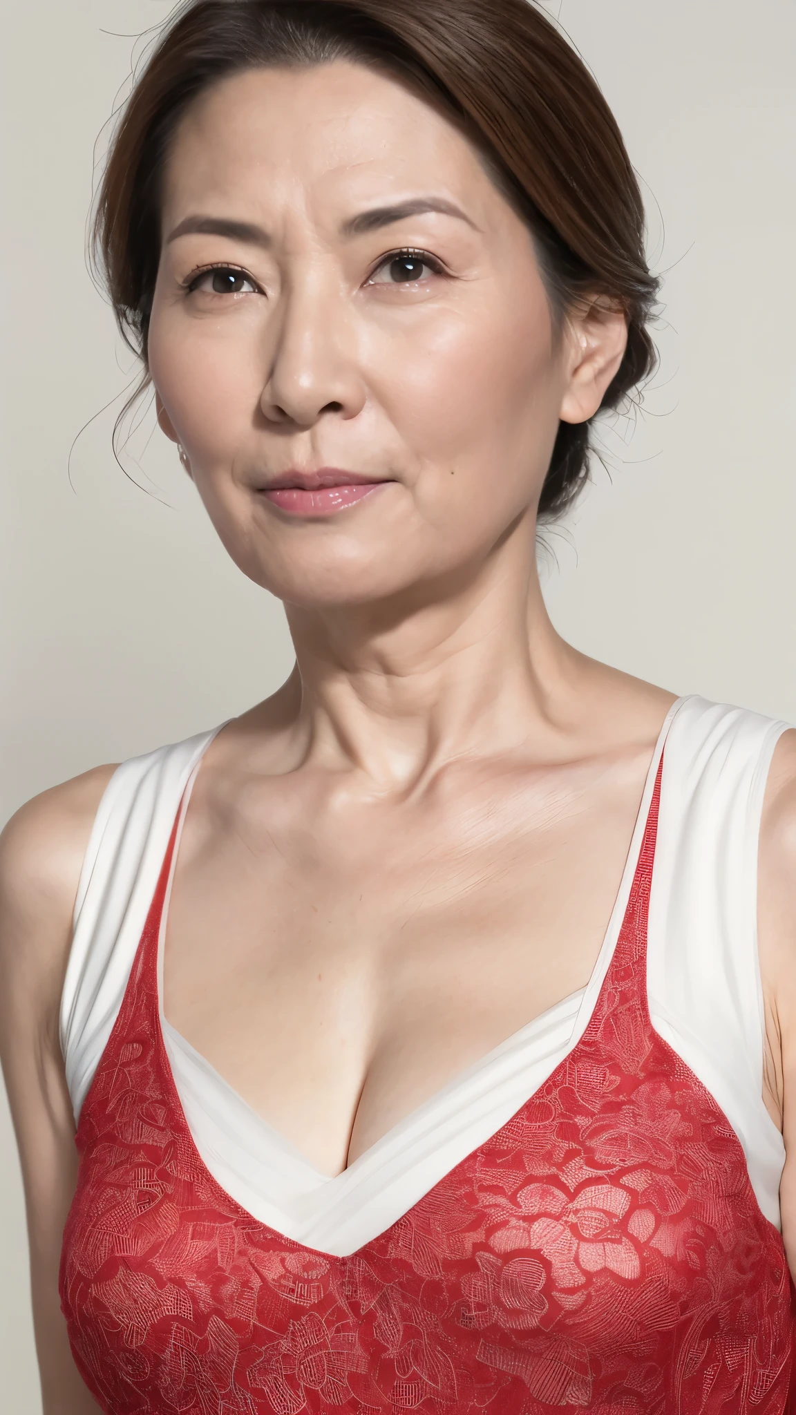 Beautiful elderly woman, cute,sexy,55 years old,,sexy, old woman,very Big saggy  Breasts:1.6, skimpy halter red clothing, Side boob, wavy hair with braids, arms straight up, plain grey background