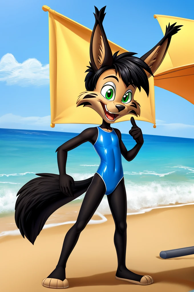 Lynx cartoon guy slim skinny in a blue lycra swimsuit on the beach with a happy face green eyes black hair black fingers big black feet striped tail fluffy full length