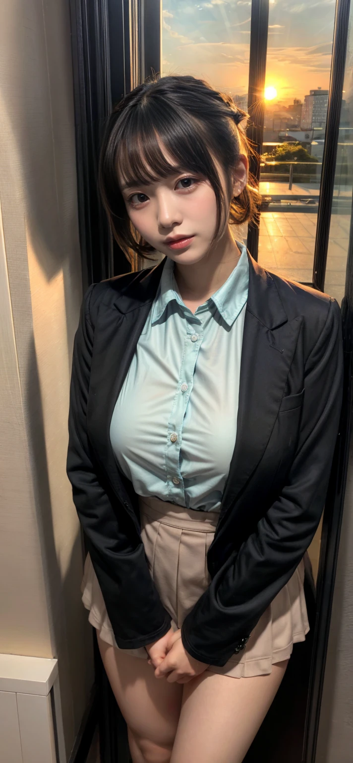 muste piece, best quality, illustration, Super detailed, fine details, High resolution, 8K,wall paper, perfect dynamic composition,(Details High quality, realistic depiction of eyes:1.3), short hair, (wavy hair:1.2), Office Lady, ,Suit,Collared shirt, Black Suit,Black jacket, huge breasts, black hair color, Big Natural Color Lip, bold sexy pose, crying a little、cold gaze, Harajuku style、20 year old girl、cute type、lolita、beautiful legs, hotel room, full body photo、focus on crotch, hposing Gravure Idol, Sexy shot looking at camera, Sunset, by the window, Summer, make up, Curve