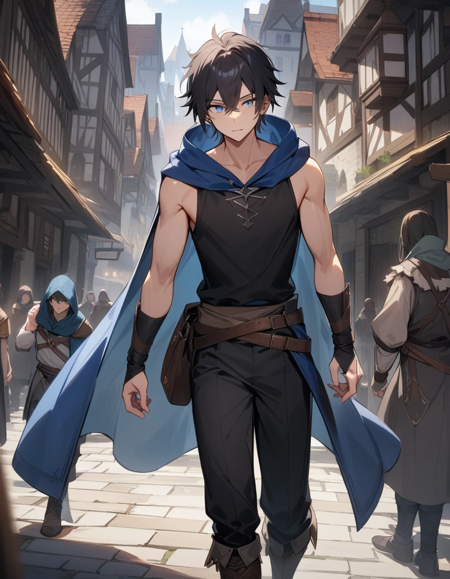 (masterpiece:1.2),High resolution, Attention to detail, high quality, High resolution, high quality,
 4K, 8k、Beautiful work, a scene in a medieval city with a  1 boy. 22 year old man with
light blue hood and cape. wild dark hair, light blue eyes, Wearing a sleeveless black tunic
Wearing blak pants Wearing a brown belt Wearing black boots , male, man
Full of energy, Radiant Skin,thin, tall, looking at the viewer