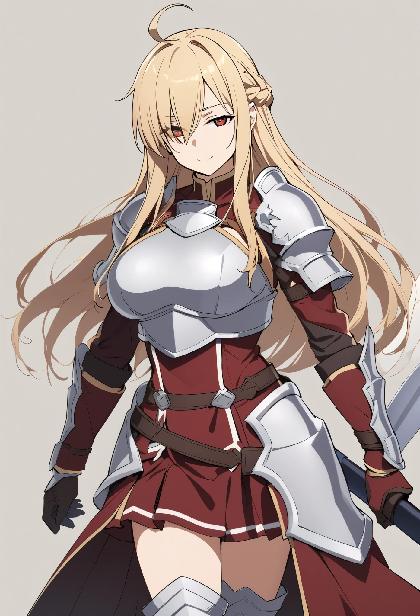 (high-quality, breathtaking),(expressive eyes, perfect face) 1girl, female, solo, mature, half open eyes, Alicization, Symmetrical Eyes, simple background, gentle smile, long hair, fantasy outfit, SAO inspired, maomao, armor, chest plate, sword art online outfit, cowboy shot, medium full shot, light blonde hair, bangs, alluring red eyes, large breasts, knight attire, Bicep-high Gauntlets, Armored Boots, Thigh-high Heeled Boots, Armored Gauntlets, Adventurer gear, Skirt, black white and maroon color palette, black clothes, dark maroon accents on clothes, hair between eyes, fluffy hair, half open eyes, hair over one eye, small Ahoge, pale blonde hair color, bright red eye color, straight hair, (NO braids in hair)