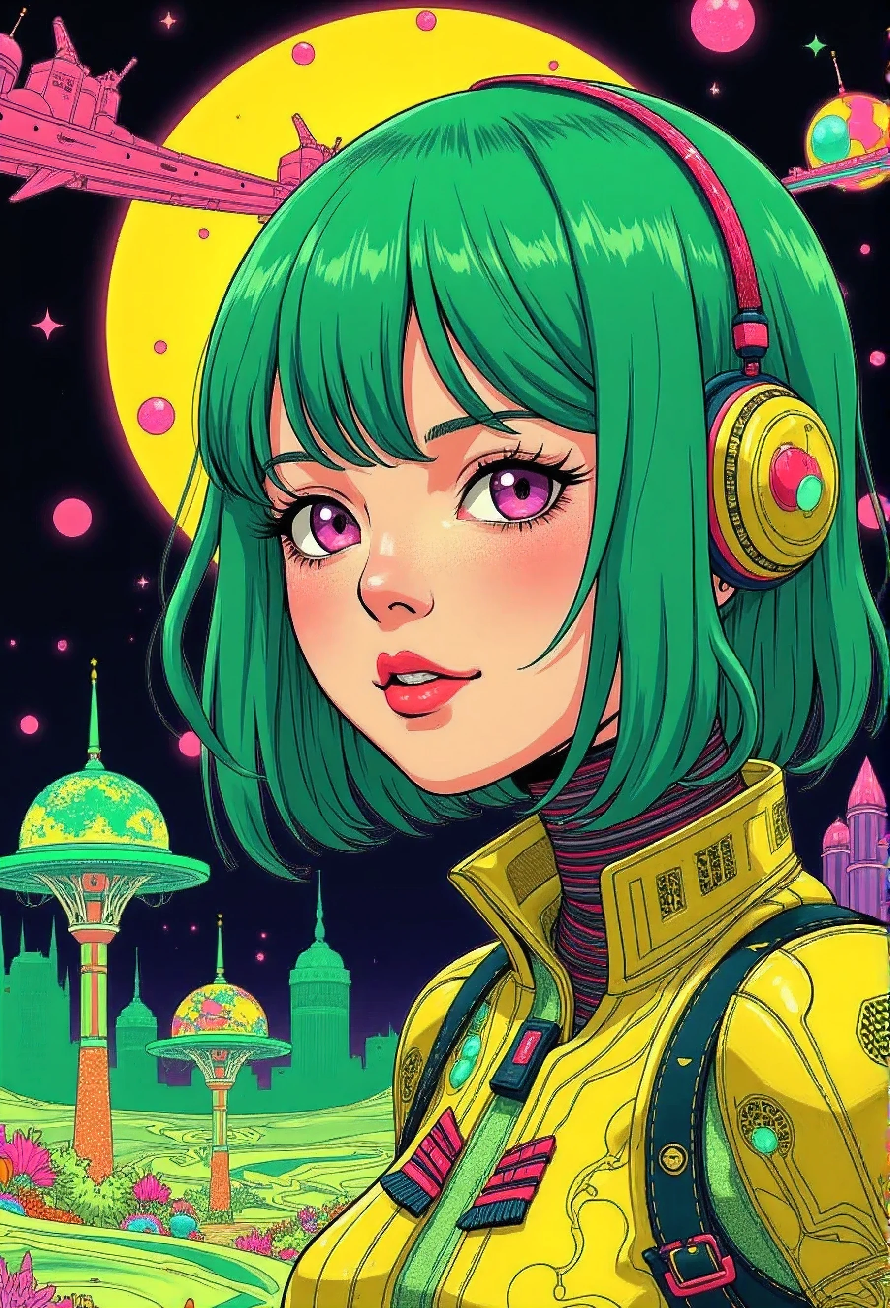 ((best quality)), ((masterpiece)), (detailed), perfect face of cyberpunk mecha japanese girl, neon pink eyes, neon green body, neon green hair, ((monochromatic neon pink, yellow, and green color palette)), surreal, art nouveau, in the illustrative style of moebius, spaceships, aliens, fantasy, sci-fi, graphic novel, line drawing, french retro, bizarre, gallery worthy, work of uncanny art,
