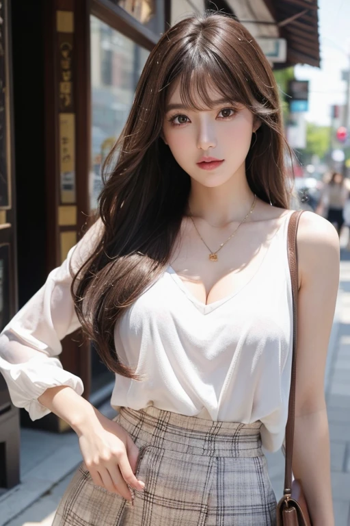 Tabletop, Highest quality, figure, Super detailed, In detail, High resolution, 8k wallpaper, Perfect dynamic composition, Beautiful attention to detail, Wavy long hair,Big breasts Natural color Lips, Sexy pose,smile,Harajuku、25-year-old woman、Beautiful woman、Looking at the camera、Super Real、(((Reality:1.5))),(((blouse、skirt:1.5)))、Standing posture、Top view、Brown Hair、blue eyes、(((The Perfect One Woman:1.5)))