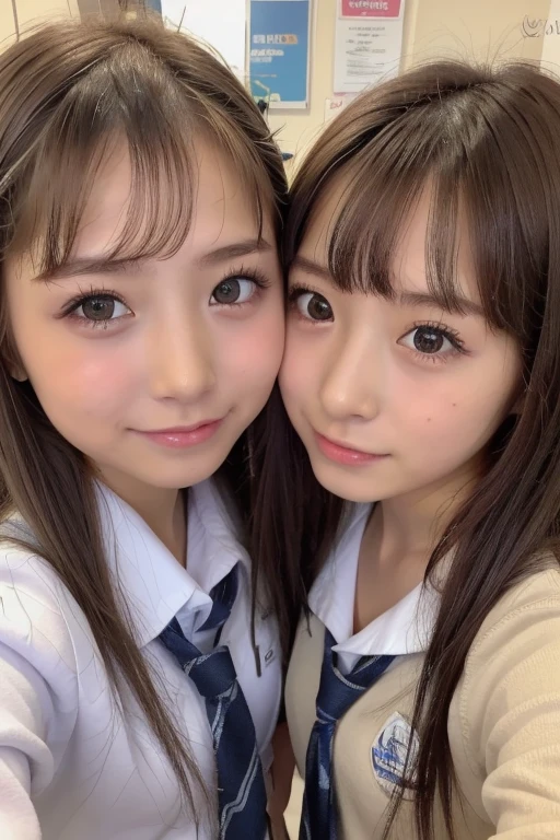 Japanese female 1 person、Baby Face,  (masterpiece,  best quality,  raw photo:1.2),  (upper body,  front angle), (2girls has a different hairstyle and face ,  2girls,  pair, friends:1.3),  cute girl,  famous pretty 16’s girls,  (looking viewer,  close up,  face,  face photo:1.2),  pretty face,  (front view:1.2),  (smile:0.6),  idol face,  famous japanese idol,  (very pretty:1.3), (((school uniform,  high school girls)))