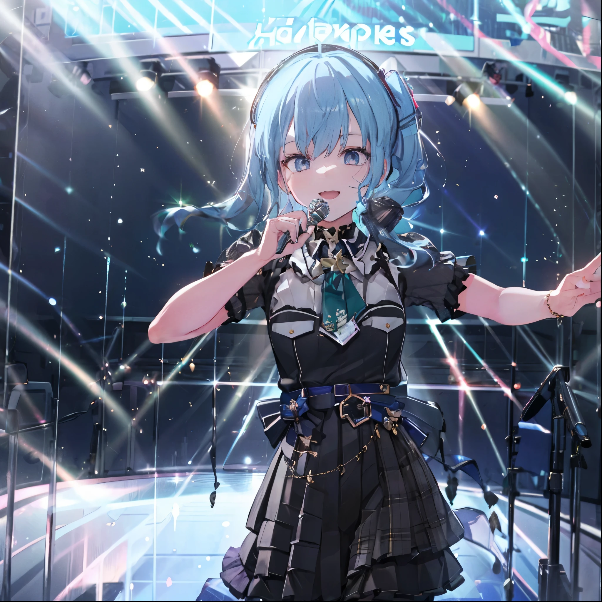 masterpiece, best quality, absurdres, 1girl, solo, Hoshimachi Suisei, light blue hair, blue eyes, happy, smile, parted lips, slender, sidelocks, sideponytail, toned, 
idol, idol clothes, ho****ve idol uniform, bowtie, blue skirt, brooch, dress, concert, on stage, frilled skirt, jewelry, layered dress, short sleeves, tiara, midriff, thighhighs,shout,(open_mouth:1.3),singing,(angry:0.6), (glare:0.6), idle_live,audience_landscape,light up_girl,solo,shiny_effects,smile。joy,happy,(slanted_eyes:1.3),navel,