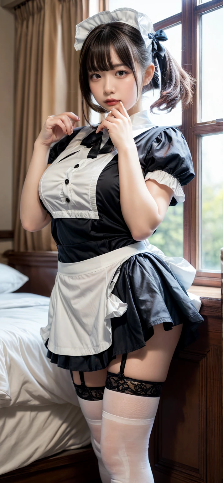 official art， unity 8k wallpaper， Super detailed， beautiful and beautiful， masterpiece， highest quality， SF， （night：1.2）， （1 girl：1.3）， （young：1.1），the image is clear，Close-up portrait of a woman in a dress and stockings, gorgeous maid, Maid clothes，I&#39;I&#39;m shy， smile， face turns red， black hair， hair ribbon， （cinematic lighting：1.2），Maid clothesを着て写真を撮る人，Maid clothes，lace dress，Gorgeous themes，realistic dress，Highly detailed skin details，Clock Machine，beautiful maid，feminine beauty，amazing character art，ray tracing , (((13 year old girl, short bob, full body figure, skirt lift, slim, thin thighs)))