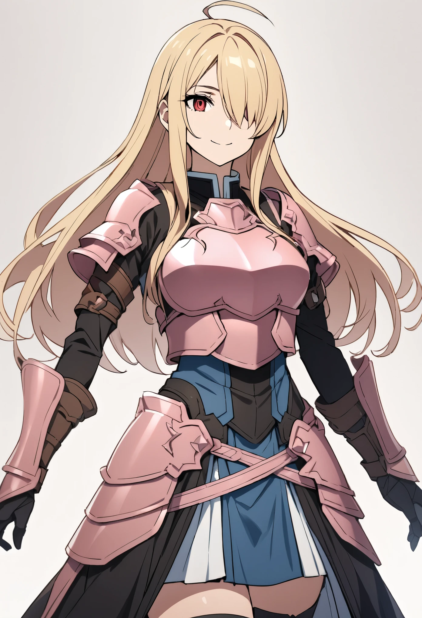 (high-quality, breathtaking),(expressive eyes, perfect face) 1girl, female, solo, mature, half open eyes, Alicization, Symmetrical Eyes, simple background, gentle smile, long hair, fantasy outfit, SAO inspired, maomao, armor, chest plate, sword art online outfit, cowboy shot, medium full shot, light blonde hair, bangs, alluring red eyes, large breasts, knight attire, Bicep-high Gauntlets, Armored Boots, Thigh-high Heeled Boots, Armored Gauntlets, Adventurer gear, Skirt, black white and pink color palette, black clothes, light pink accents on clothes, hair between eyes, fluffy hair, half open eyes, hair over one eye, small Ahoge, pale blonde hair color, bright red eye color, straight hair, (NO braids in hair)