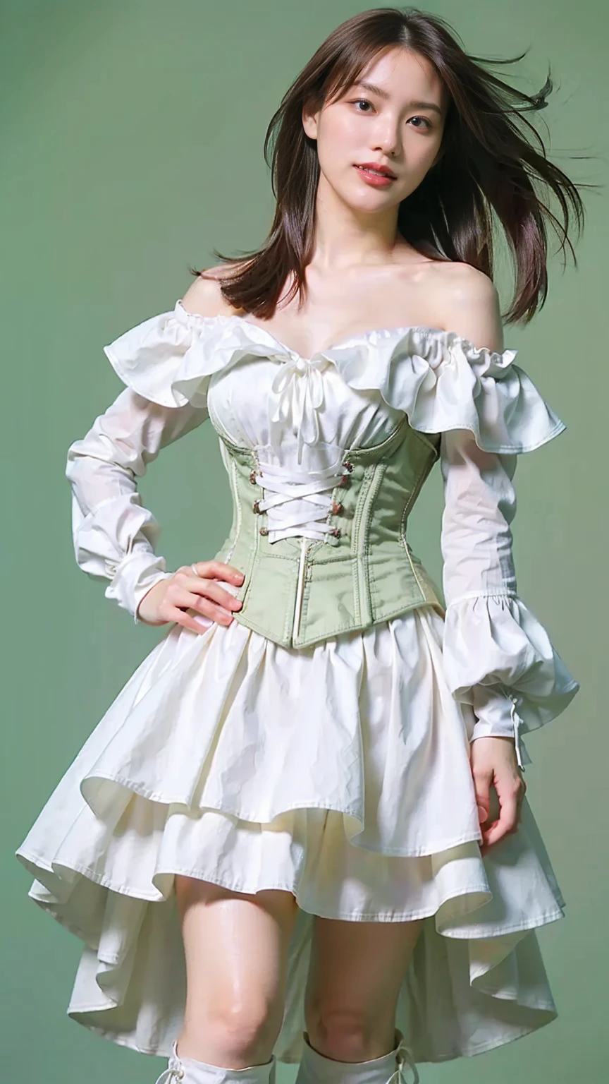 (8k、RAW Photos、Please redeem、masterpiece:1.2)、(Realistic、Realistic)、1 person、((White Dress、smile、Off the shoulder、corset、Cleavage、Big ribbon、、boots、View、Looking into the camera、Green background、Stand with hands on hips))、cute