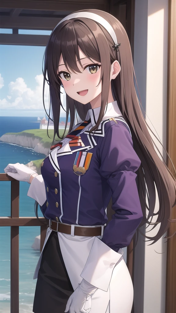 ((masterpiece)),(best quality),official art,extremely detailed CG,unity 8k wallpaper,ultra detailed,A lighthouse on a cliff by the sea,1girl,solo,upper body,(portrait:1.2),long_hair,brown_hair,purple_jacket,white_pantyhose,white_gloves,wavy_hair,brown_eyes,white_hairband,black_skirt,pencil_skirt,long_sleeves,smile,belt,looking_at_viewer,military_uniform,open_mouth,