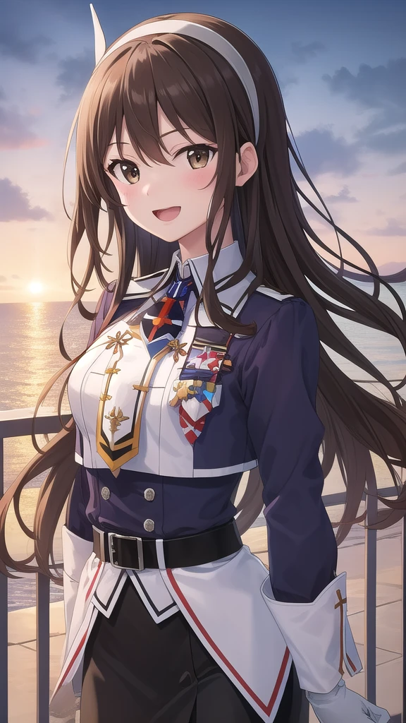 ((masterpiece)),(best quality),official art,extremely detailed CG,unity 8k wallpaper,ultra detailed,A lighthouse on a cliff by the sea,1girl,solo,upper body,(portrait:1.2),long_hair,brown_hair,purple_jacket,white_pantyhose,white_gloves,wavy_hair,brown_eyes,white_hairband,black_skirt,pencil_skirt,long_sleeves,smile,belt,looking_at_viewer,military_uniform,open_mouth,