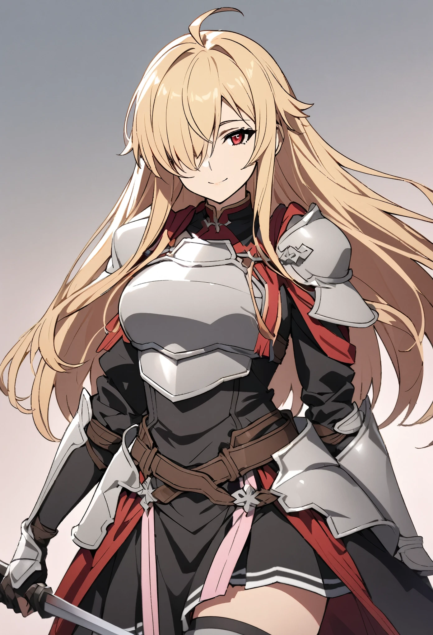 (high-quality, breathtaking),(expressive eyes, perfect face) 1girl, female, solo, mature, half open eyes, Alicization, Symmetrical Eyes, simple background, gentle smile, long hair, fantasy outfit, SAO inspired, maomao, armor, chest plate, sword art online outfit, cowboy shot, medium full shot, light blonde hair, bangs, alluring red eyes, large breasts, knight attire, Bicep-high Gauntlets, Armored Boots, Thigh-high Heeled Boots, Armored Gauntlets, Adventurer gear, Skirt, black white and pink color palette, black clothes, light pink accents on clothes, hair between eyes, fluffy hair, half open eyes, hair over one eye, small Ahoge, pale blonde hair color, bright red eye color, straight hair, (NO braids in hair)