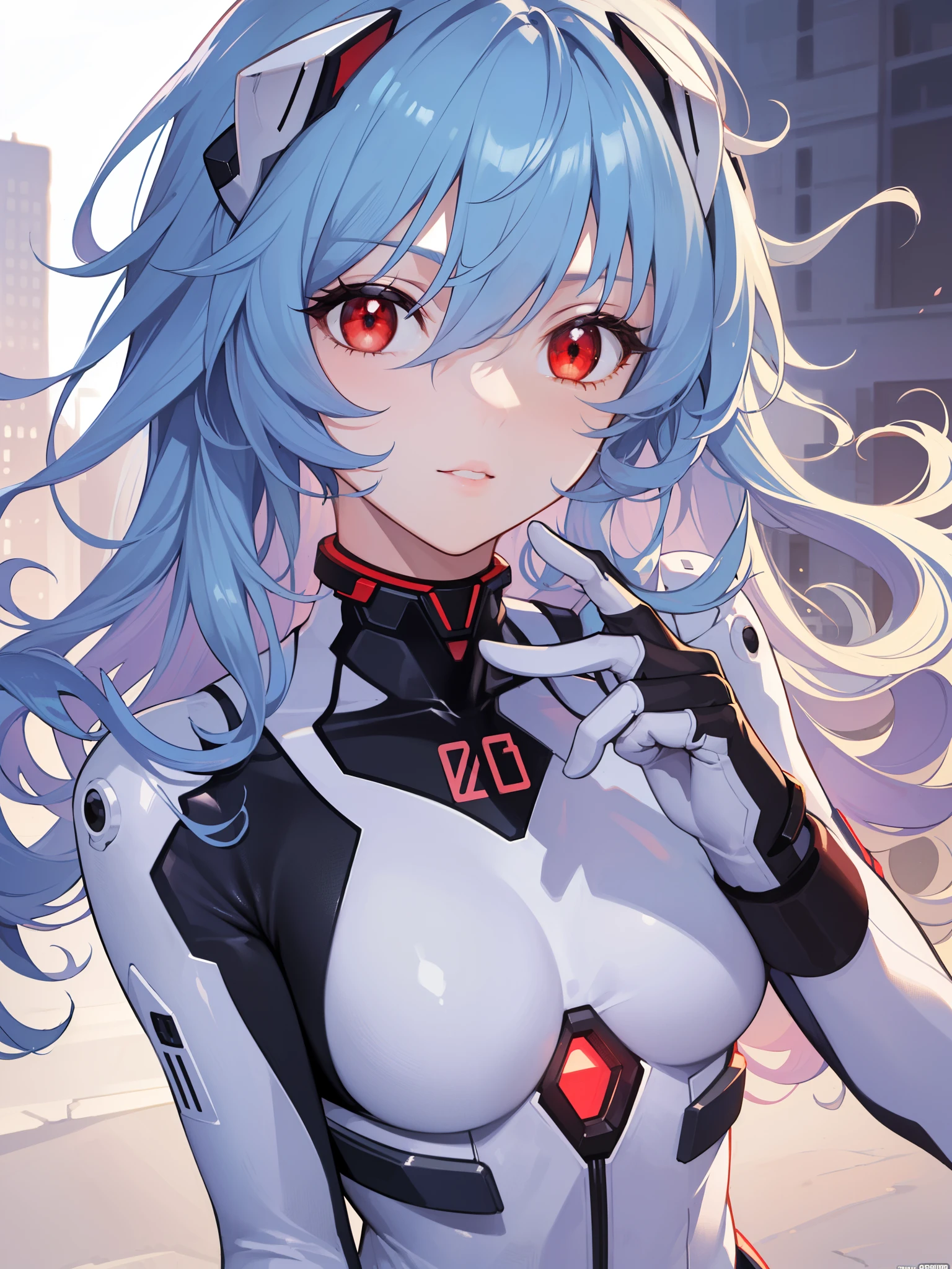 reiayanami, Rei Ayanami, Blue hair,(Long_messy_hair:1.4),(curly hair:1.4), (Red Eyes:1.5),light_smile,(half_eye:1.5)
BREAK bodysuit, headgear, plugsuit, White bodysuit,cowboy_shot,
BREAK outdoors, city,
BREAK looking at viewer,
BREAK (masutepiece:1.2), Best Quality, High resolution, Unity 8k Wallpaper, (Illustration:0.8), (Beautiful detailed eyes:1.6), extra detailed face, Perfect Lighting, extremely details CG, (Perfect hands, Perfect Anatomy),