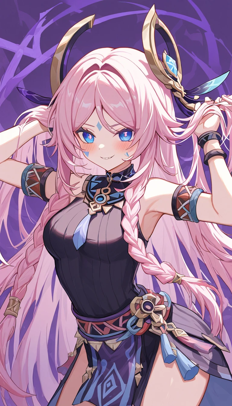 citlali ,シトラリ(genshin impact), 1girl,cowboy shot,evil smile,clenched hands,pink hair, parted bangs, very long hair, hair down, braids, hair ornament, facial Mark, blue eyes, pink pupils, tribal clothes,waistcloth,Genshin Impact Style, AddXL, touches hair, glowing eyes, blush, beautiful detailed, hyper detail, masterpiece, best quality, bright, hair ornament, facial Mark, citlali,purple Geometric background