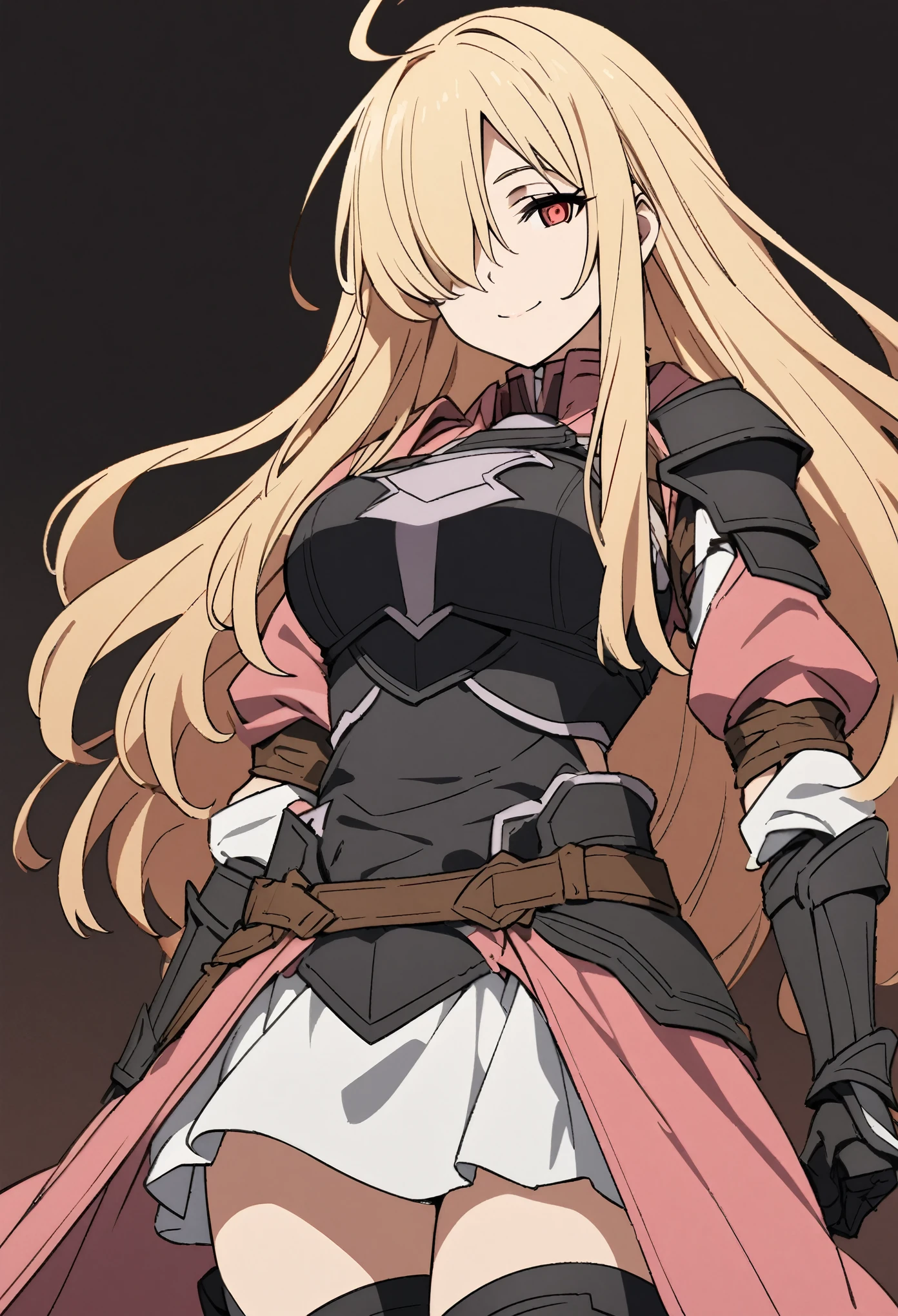 (high-quality, breathtaking),(expressive eyes, perfect face) 1girl, female, solo, mature, half open eyes, Alicization, Symmetrical Eyes, simple background, gentle smile, long hair, fantasy outfit, SAO inspired, maomao, armor, chest plate, sword art online outfit, cowboy shot, medium full shot, light blonde hair, bangs, alluring red eyes, large breasts, knight attire, Bicep-high Gauntlets, Armored Boots, Thigh-high Heeled Boots, Armored Gauntlets, Adventurer gear, Skirt, black white and pink color palette, black clothes, light pink accents on clothes, hair between eyes, fluffy hair, half open eyes, hair over one eye, small Ahoge, pale blonde hair color, bright red eye color, straight hair, (NO braids in hair)