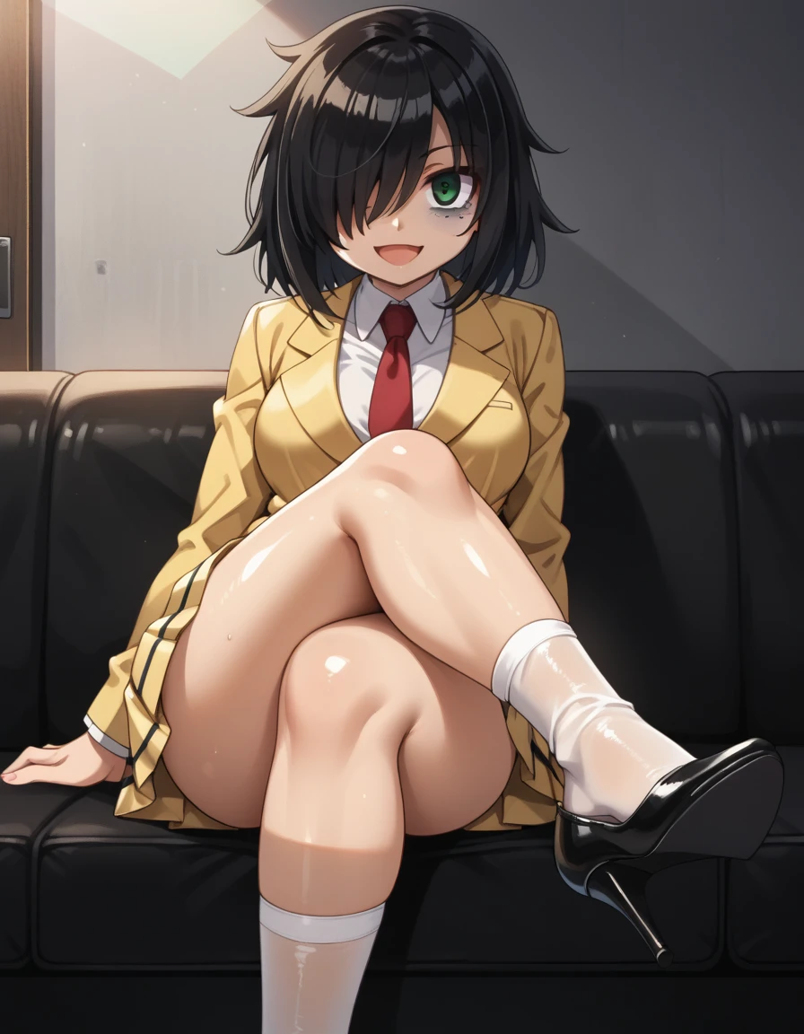 score_9, score_8_up, score_7_up,, solo, source_anime, tomokoxl, bags under eyes, hair over one eye black hair, medium hair, school uniform, red necktie, yellow skirt, short skirt, pleated skirt, yellow jacket, standing, cowboy shot, sitting, crossed legs, thick thighs, shiny skin, no shoes, focus in crossed legs, underwear, white underwear, shiny underwear, lace underwear, white lace underwear, shiny lace underwear, panties, white panties, shiny panties, only crossed legs pose, sexy crossed legs, perfect crossed legs, sexy legs, big thighs, oiled thighs, oiled legs, smile, open mouth, glowing green eyes, evening time, dark room, breast, big breast, sheer socks, white sheer socks, high heels, black high heels,