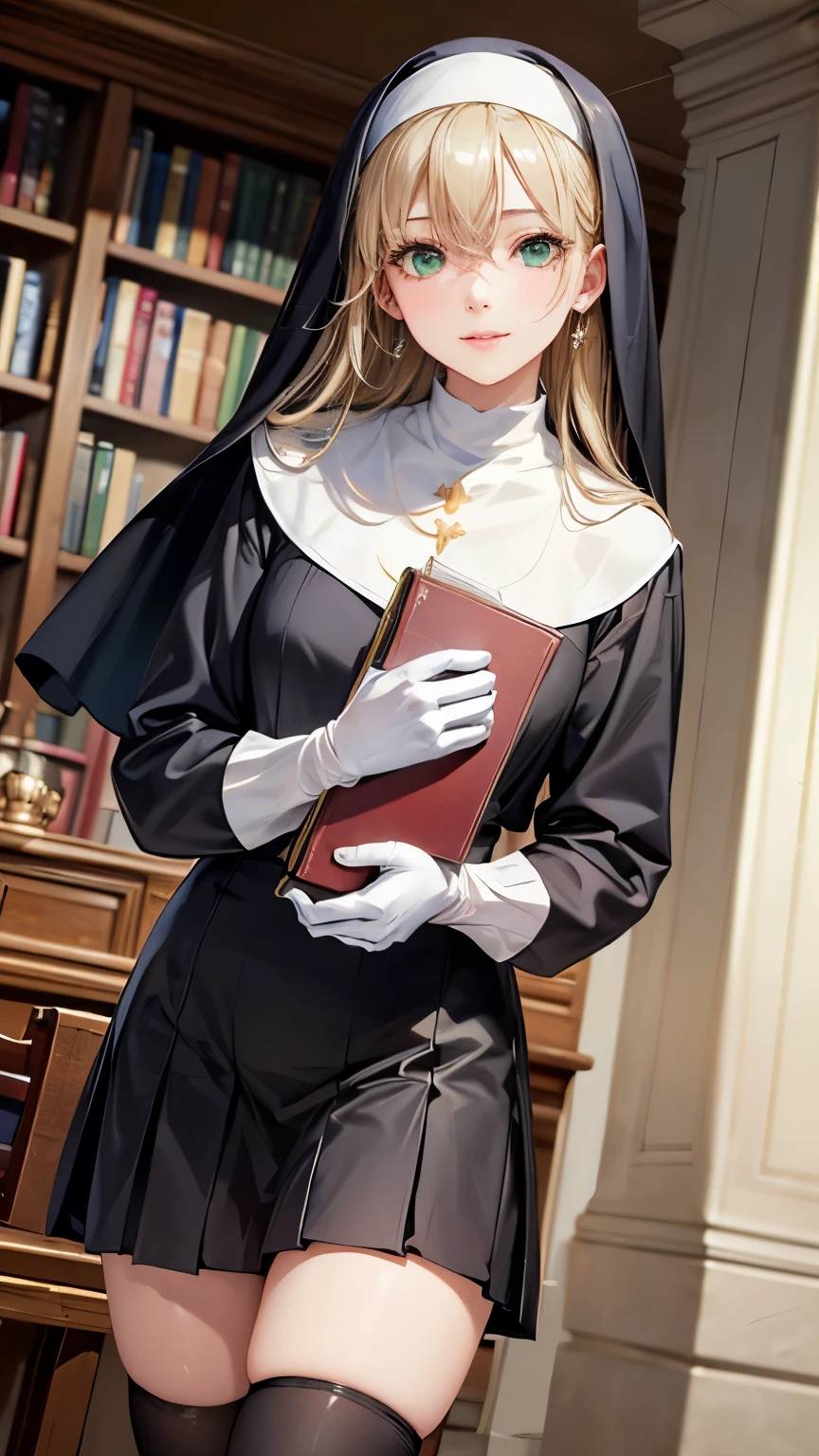 One girl,Blonde long hair,((Hide one eye)),((Clear green eyes)),((Nun in religious garb)),((4K,8k,CG Unity,Masterpiece,masterpiece,Best Quality:1.5)),Official image,Perfectly correct anatomy,((Realistic:1.2)),Bust Up,((Staring at the camera with a gentle smile )),((Standing Reading the Bible )),A pose that attracts men,Perfect beautiful girl,Beautiful woman,Supermodel, Beautiful Detailed Skin Texture ,Beautiful Lips,Very detailed acrylic painting,Very beautiful and smooth hair,Professional Lighting,Perfectly correct hand shape, Black Pleated Micro Mini Skirt,Black thigh-high stockings,White gloves,Small sparkling earrings,Basement Library Background