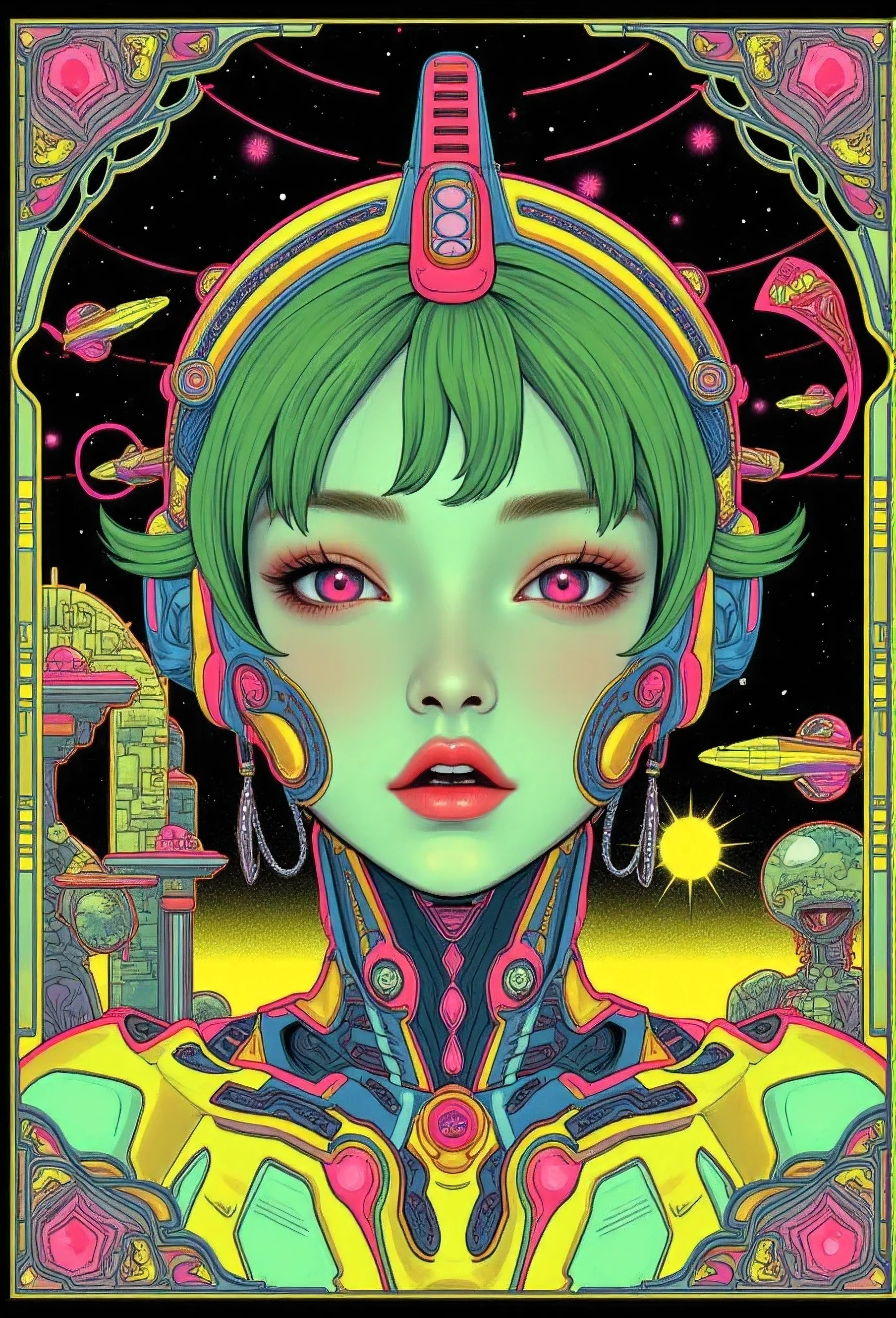 ((best quality)), ((masterpiece)), (detailed), perfect face of cyberpunk mecha japanese girl, neon pink eyes, neon green body, neon green hair, ((monochromatic neon pink, yellow, and green color palette)), surreal, art nouveau, in the illustrative style of moebius, spaceships, aliens, fantasy, sci-fi, graphic novel, line drawing, french retro, bizarre, gallery worthy, work of uncanny art,
