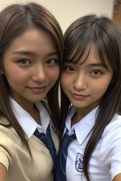 Japanese female 1 person、Baby Face,  (masterpiece,  best quality,  raw photo:1.2),  (upper body,  front angle), (2girls has a different hairstyle and face ,  2girls,  pair, friends:1.3),  cute girl,  famous pretty 16’s girls,  (looking viewer,  close up,  face,  face photo:1.2),  pretty face,  (front view:1.2),  (smile:0.6),  idol face,  famous japanese idol,  (very pretty:1.3), (((school uniform,  high school girls)))