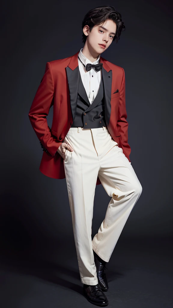 Full Body Photo 、 8K HD High Quality Image 、 Studio Background 、 Handsome 、 Natural Face, Accurate 、Korean man 、 1 DYLAN SPROUSE 、White skin 、 Blonde hair 、FULL red tuxedo set 、black shoes 、Standing in a Full Height from Head to toe 、Cool man haircut 、Holding a rose 、NO MAKE UP 、Red FACE MASK 、Red fedora 、Red tuxedo pants 、Black necktie 、Round Eyeglasses