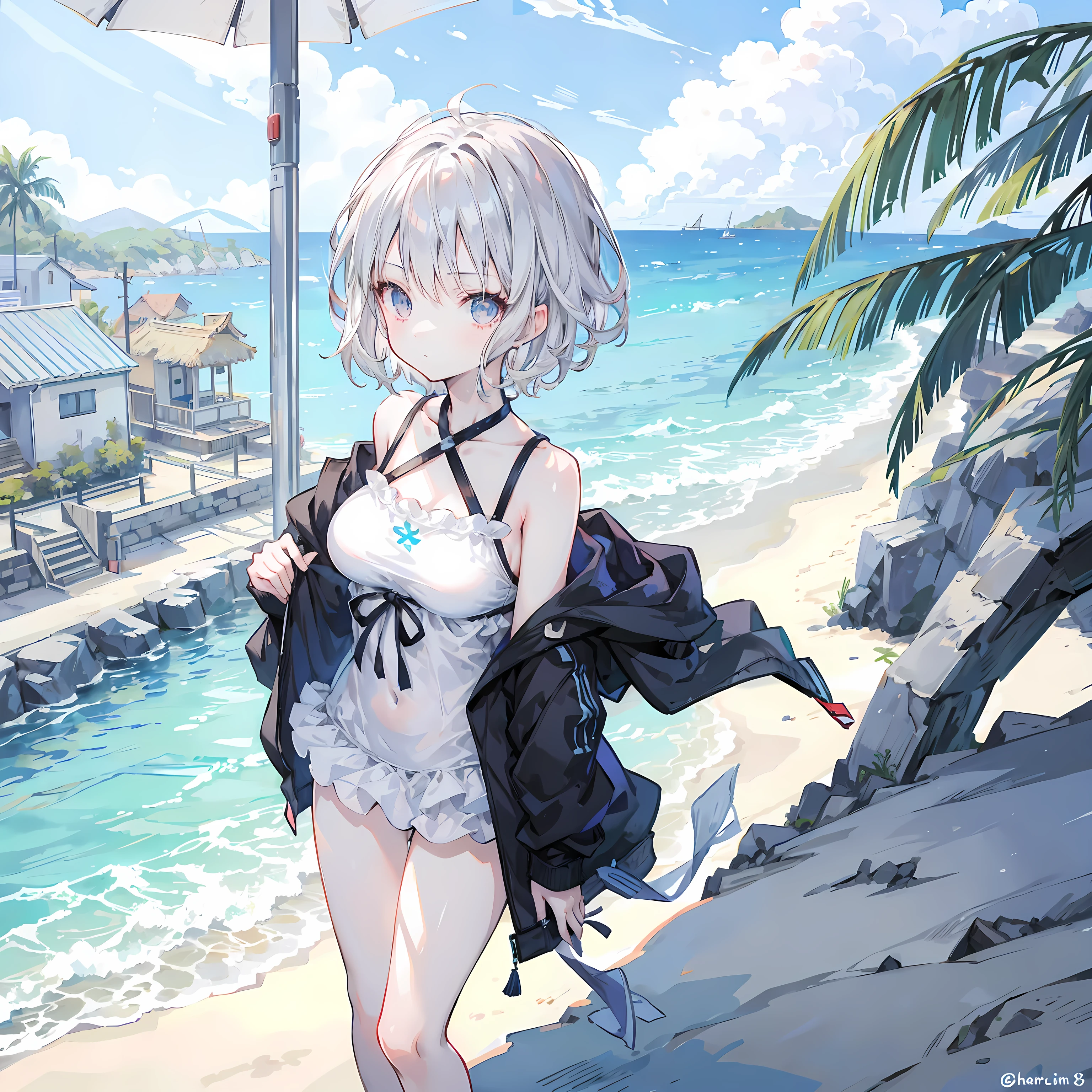 God quality, anime moe artstyle,best anime 8k konachan wallpaper,badass anime 8k,perfect anatomy, (Please draw A girl in a off shoulder bikini walking on the beach). break, 1girl, (Solo,,child,12-year-old:1.5),(dark tan skin), Full limbs, complete fingers, long hair, silver hair, androgynous charm,flat chest, Small butt, groin, Small eyes,beatiful detailed red eyes,Ponytail, anklet, sun hat, in the rural beach. break,ultra-detailed,high resolution,super detailed skin, professional lighting,8k eye details,(cool and cute illustration:1.2),