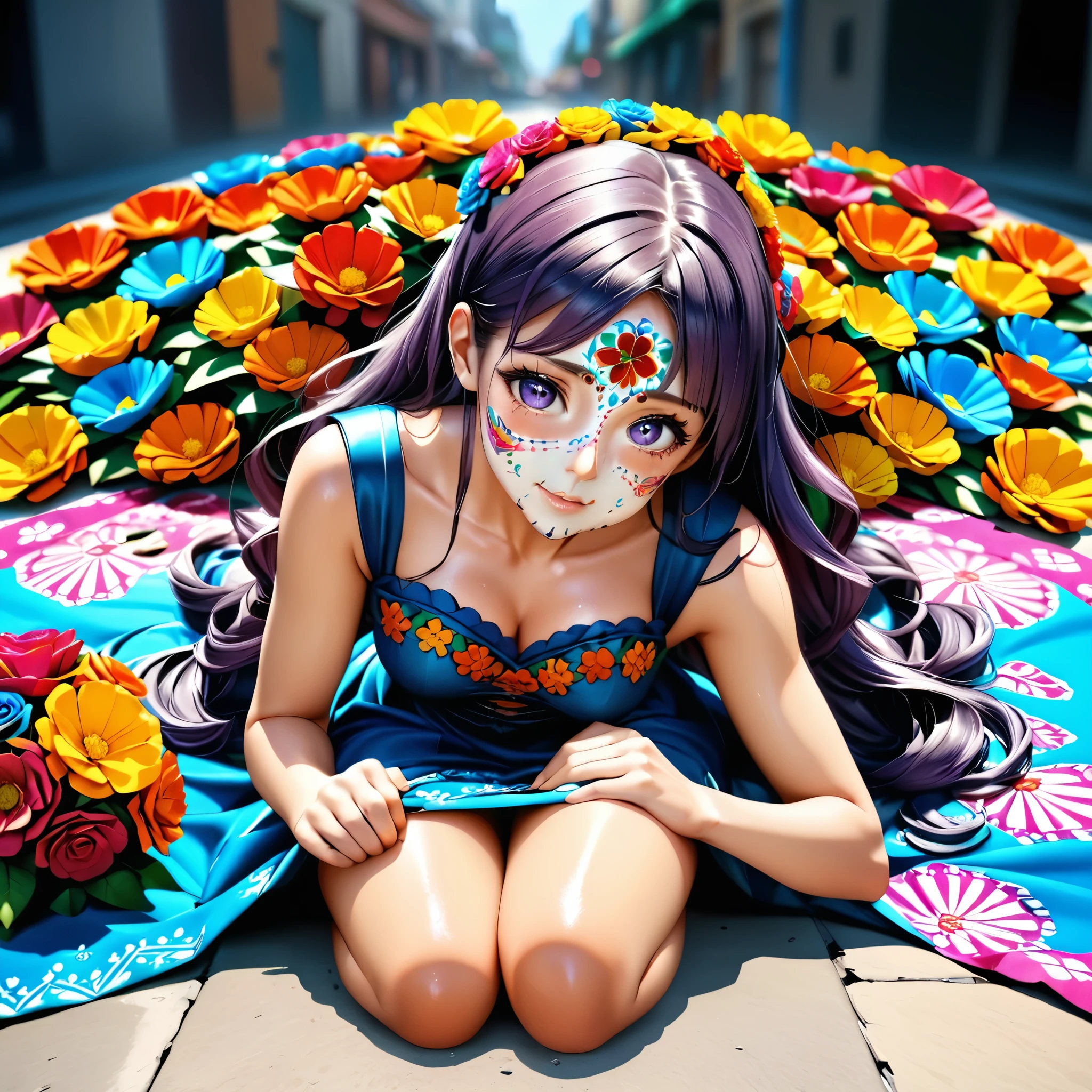 Masterpiece, 4k, HDR, full HD, (best quality), (ultra detailed), (only), (extremely delicate and beautiful fabric), super complex ANIME TYPE, best quality, 1girl, very expressive eyes, deep purple hair , hyper beautiful face, purple hair, perfect anatomy, shiny, oily skin, full body, alone (shiny purple hair, long hair), looking at viewer, bright blue eyes, perfect hands, perfect legs, super detailed clothes, intricate clothes, Describe a vibrant scene featuring a young girl participating in the Día de Muertos celebration in Mexico.She wears a beautifully embroidered traditional dress adorned with colorful patterns and intricate details.Her face is painted with intricate calavera designs, showcasing bright colors that reflect the festive spirit.Surround her with a lively altar filled with marigolds, sugar skulls, and photographs of loved ones who have passed away.Capture the essence of the celebration with music in the air, families gathering, and the scent of traditional foods wafting around.Highlight her emotions as she engages in this cultural tradition, expressing joy and remembrance, embodying the spirit of the holiday. 