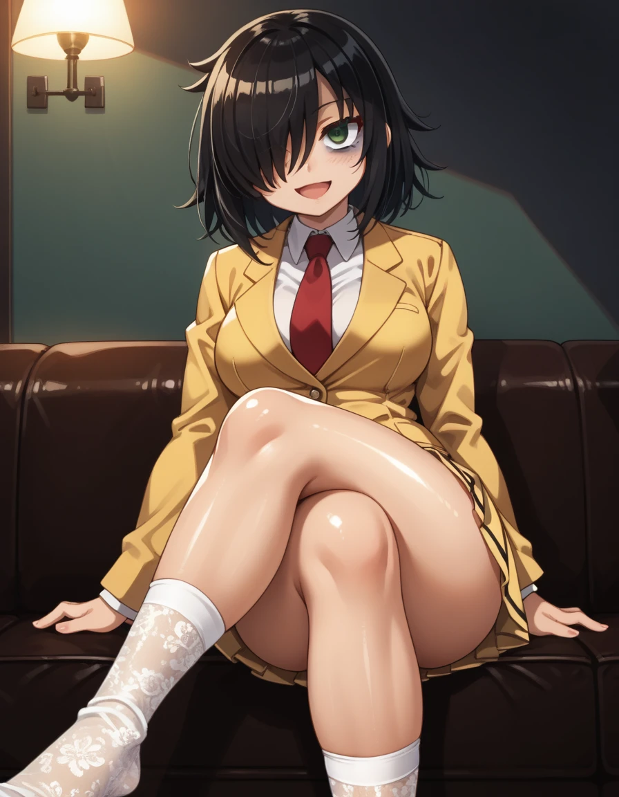 score_9, score_8_up, score_7_up,, solo, source_anime, tomokoxl, bags under eyes, hair over one eye black hair, medium hair, school uniform, red necktie, yellow skirt, short skirt, pleated skirt, yellow jacket, standing, cowboy shot, sitting, crossed legs, thick thighs, shiny skin, no shoes, focus in crossed legs, underwear, white underwear, shiny underwear, lace underwear, white lace underwear, shiny lace underwear, panties, white panties, shiny panties, only crossed legs pose, sexy crossed legs, perfect crossed legs, sexy legs, big thighs, oiled thighs, oiled legs, smile, open mouth, glowing green eyes, evening time, dark room, breast, big breast, sheer socks, white sheer socks, no shoes,