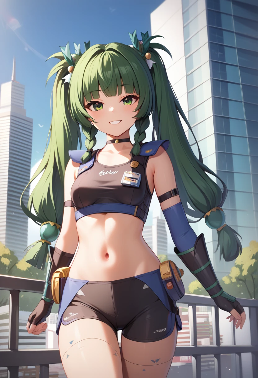 (master piece), (best quality), (8k), (ultra high resolution), (highest quality), (anime style), (best writing), (beautiful face), (masterpiece), (highest quality), (detailed beautiful face and eyes), (textile shading), (cowboy shot), (city), 1girl, solo, kochiya sanae, 1girl, qingyi, green eyes, green hair, very long hair, twintails, blunt bangs, hair bobbles, side braids, hair ornament, robot joints, fingerless gloves, black shorts, navel, choker, crop top, knee pads, elbow gloves, black sneakers, gauntlets, small breasts, beautiful breasts, walking, smile,,