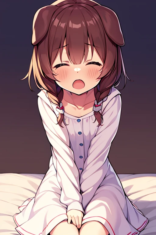 girl、solo、Waking upワイシャツ、Waking up、Yawning、 stretching、Sleepy face、Sluggish dog ears 、Eyes closed、cute