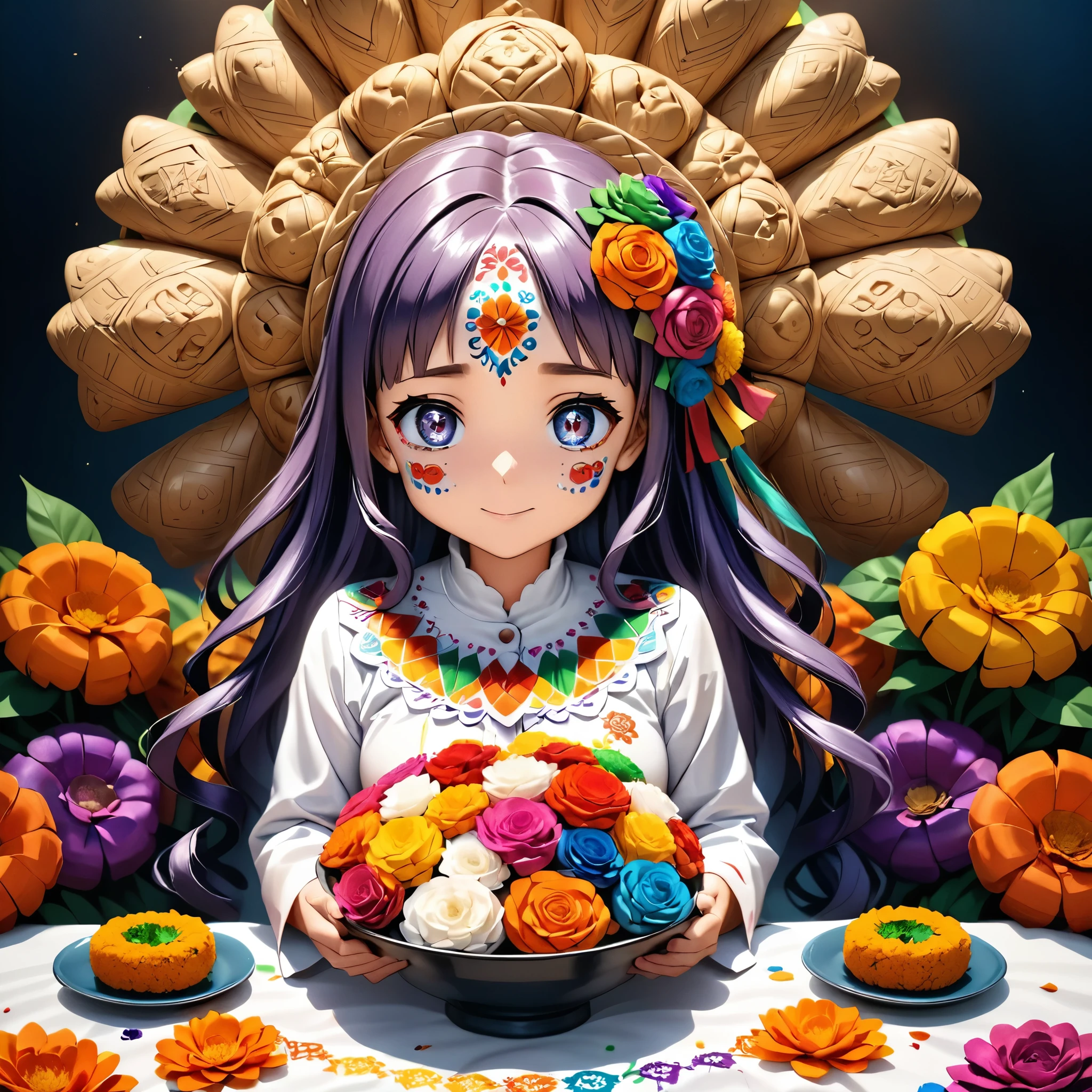 Masterpiece, 4k, HDR, full HD, (best quality), (ultra detailed), (only), (extremely delicate and beautiful fabric), super complex ANIME TYPE, best quality, 1girl, very expressive eyes, deep purple hair , hyper beautiful face, purple hair, perfect anatomy, shiny, oily skin, full body, alone (shiny purple hair, long hair), looking at viewer, bright blue eyes, perfect hands, perfect legs, super detailed clothes, intricate clothes, Describe a vibrant scene featuring a young girl participating in the Día de Muertos celebration in Mexico.She wears a beautifully embroidered traditional dress adorned with colorful patterns and intricate details.Her face is painted with intricate calavera designs, showcasing bright colors that reflect the festive spirit.Surround her with a lively altar filled with marigolds, sugar skulls, and photographs of loved ones who have passed away.Capture the essence of the celebration with music in the air, families gathering, and the scent of traditional foods wafting around.Highlight her emotions as she engages in this cultural tradition, expressing joy and remembrance, embodying the spirit of the holiday. 