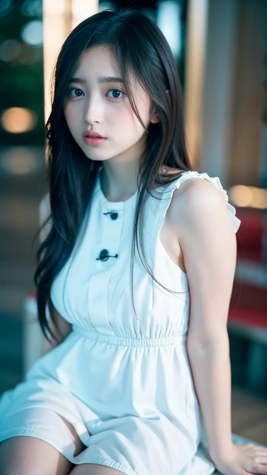 the Extremely Detailed CG Unity 8K Wallpapers、top-quality、ultra-detailliert、masterpiece、studio shoot、Full body portrait、from the front side、white babydoll、realisitic、Photo Real、extremely detailed cute girl、独奏、sixteen years old、side glance, Melancholy look, Slums、Back alley background, Avant-garde hair, Asymmetrical hair, A dark-haired,