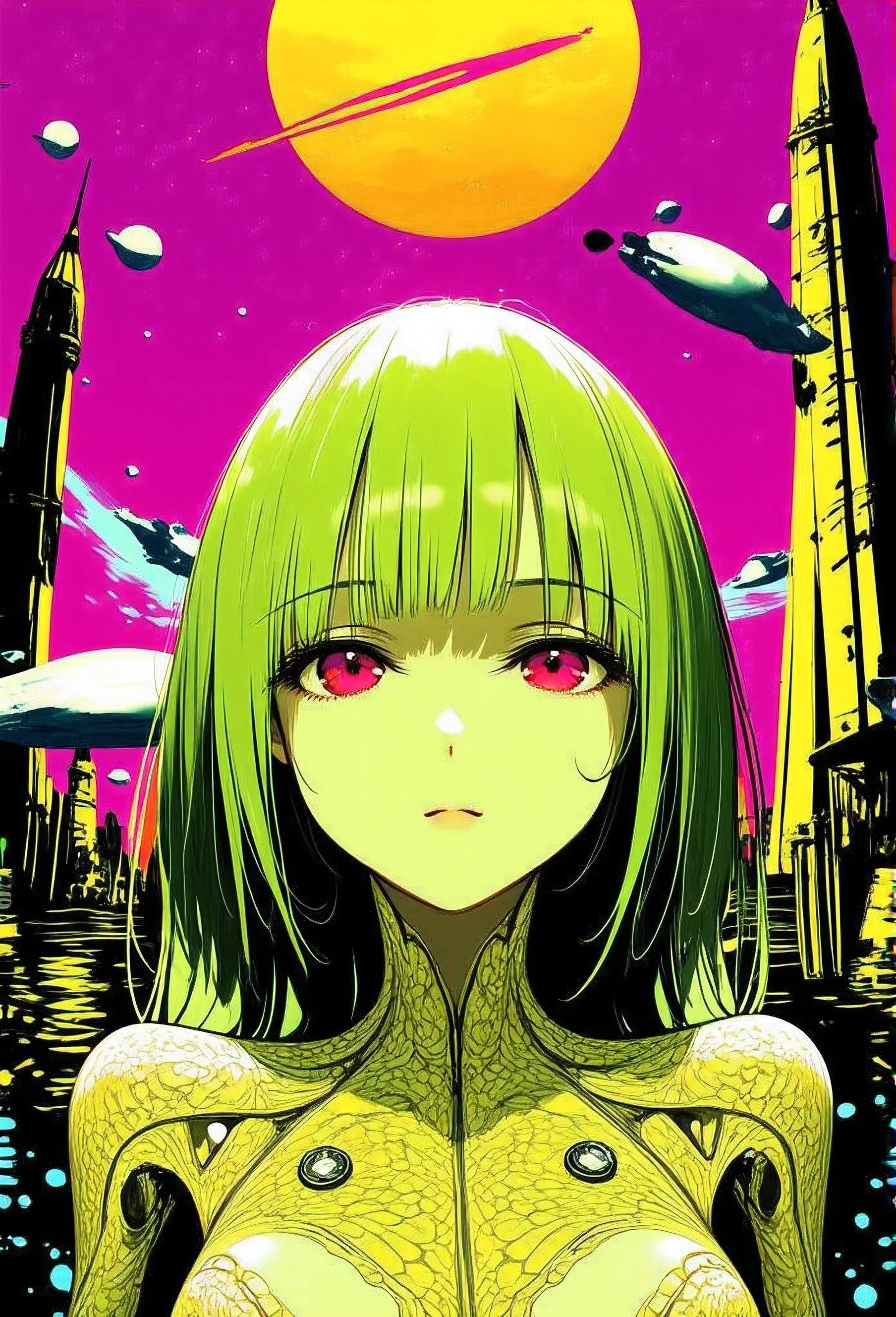 ((best quality)), ((masterpiece)), (detailed), perfect face of cyberpunk mecha japanese girl, neon pink eyes, neon green body, neon green hair, ((monochromatic neon pink, yellow, and green color palette)), surreal, art nouveau, in the illustrative style of moebius, spaceships, aliens, fantasy, sci-fi, graphic novel, line drawing, french retro, bizarre, gallery worthy, work of uncanny art,