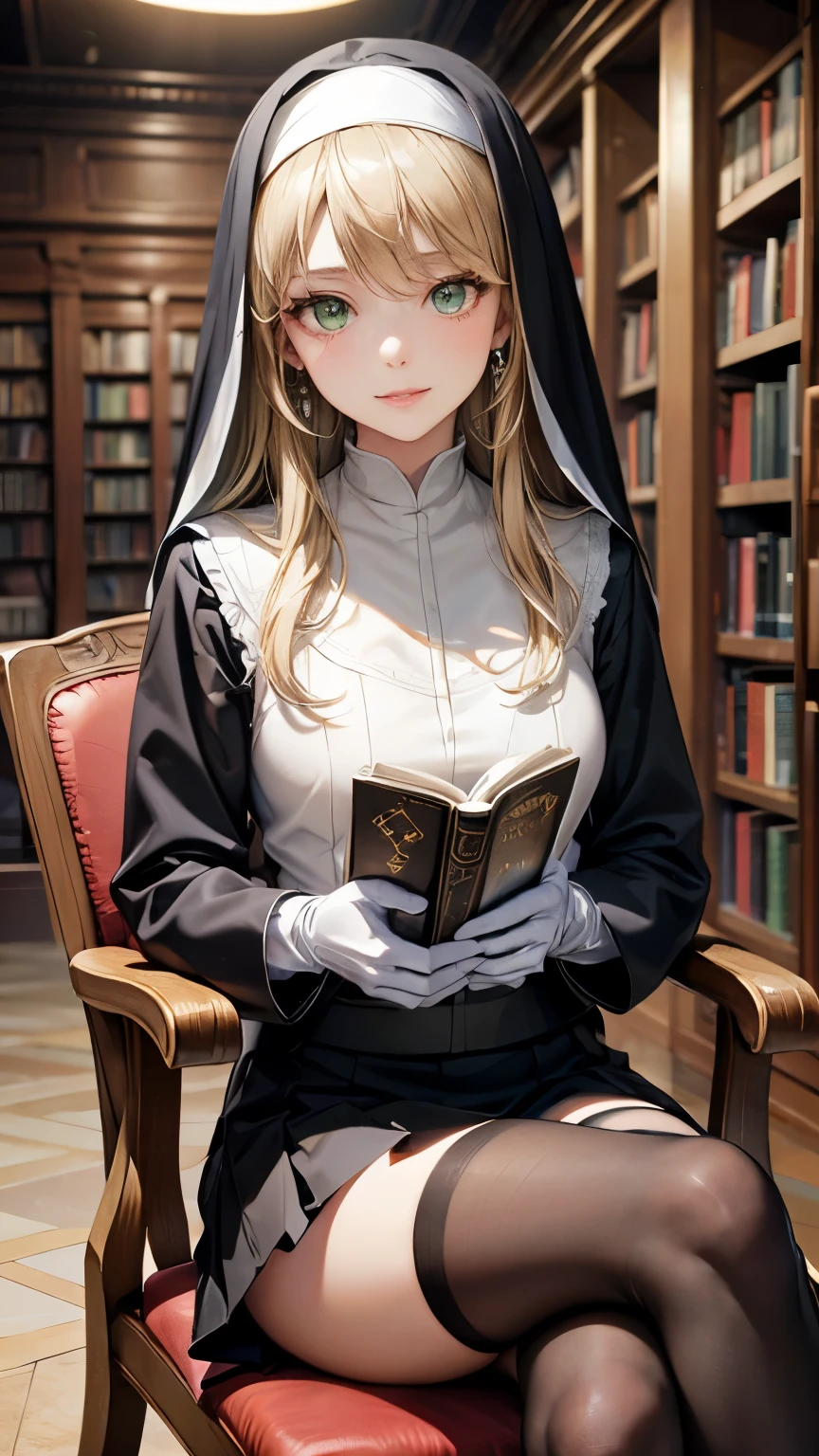 One girl，Blonde long hair，((Hide one eye))，((Clear green eyes))，((Nun in religious garb))，((4K，8k，CG Unity，Masterpiece，masterpiece，Best Quality:1.5))，Official image，Perfectly correct anatomy，((Realistic:1.2))，Bust Up，((Staring at the camera with a gentle smile ))，((Sitting on a chair and reading the Bible，Crossing your legs))，A pose that attracts men，Perfect beautiful girl，Beautiful woman，Supermodel， Beautiful Detailed Skin Texture ，Beautiful Lips，Very detailed acrylic painting，Very beautiful and smooth hair，Professional Lighting，Perfectly correct hand shape， Black Pleated Micro Mini Skirt，Black thigh-high stockings，Black pumps，White gloves，Small sparkling earrings，Basement Library Background 