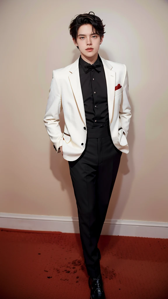 Full Body Photo 、 8K HD High Quality Image 、 Studio Background 、 Handsome 、 Natural Face, Accurate 、 1 DYLAN SPROUSE 、White skin 、 Blonde hair 、FULL red tuxedo set 、black shoes 、Standing in a Full Height from Head to toe 、Cool man haircut 、Holding a rose 、NO MAKE UP 、Red FACE MASK 、Red fedora 、Red tuxedo pants 、Black necktie 、Round Eyeglasses