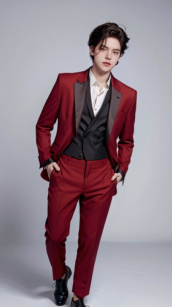 Full Body Photo 、 8K HD High Quality Image 、 Studio Background 、 Handsome 、 Natural Face, Accurate 、 1 DYLAN SPROUSE 、White skin 、 Blonde hair 、FULL red tuxedo set 、black shoes 、Standing in a Full Height from Head to toe 、Cool man haircut 、Holding a rose 、NO MAKE UP 、Red FACE MASK 、Red fedora 、Red tuxedo pants 、Black necktie 、Round Eyeglasses