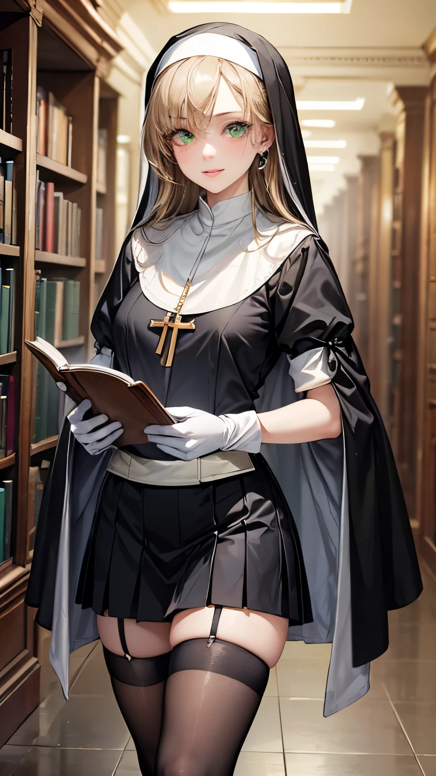 One girl，Blonde long hair，((Hide one eye))，((Clear green eyes))，((Nun in religious garb))，((4K，8k，CG Unity，Masterpiece，masterpiece，Best Quality:1.5))，Official image，Perfectly correct anatomy，((Realistic:1.2))，Bust Up，((Staring at the camera with a gentle smile ))，((Standing Reading the Bible ))，A pose that attracts men，Perfect beautiful girl，Beautiful woman，Supermodel， Beautiful Detailed Skin Texture ，Beautiful Lips，Very detailed acrylic painting，Very beautiful and smooth hair，Professional Lighting，Perfectly correct hand shape， Black Pleated Micro Mini Skirt，Black thigh-high stockings，White gloves，Small sparkling earrings，Basement Library Background 