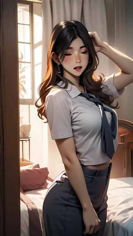 Highest quality、masterpiece、High sensitivity、High resolution、Detailed Description、Slender women、Slim Body、Being pushed onto the bed、Skirt flips up、
