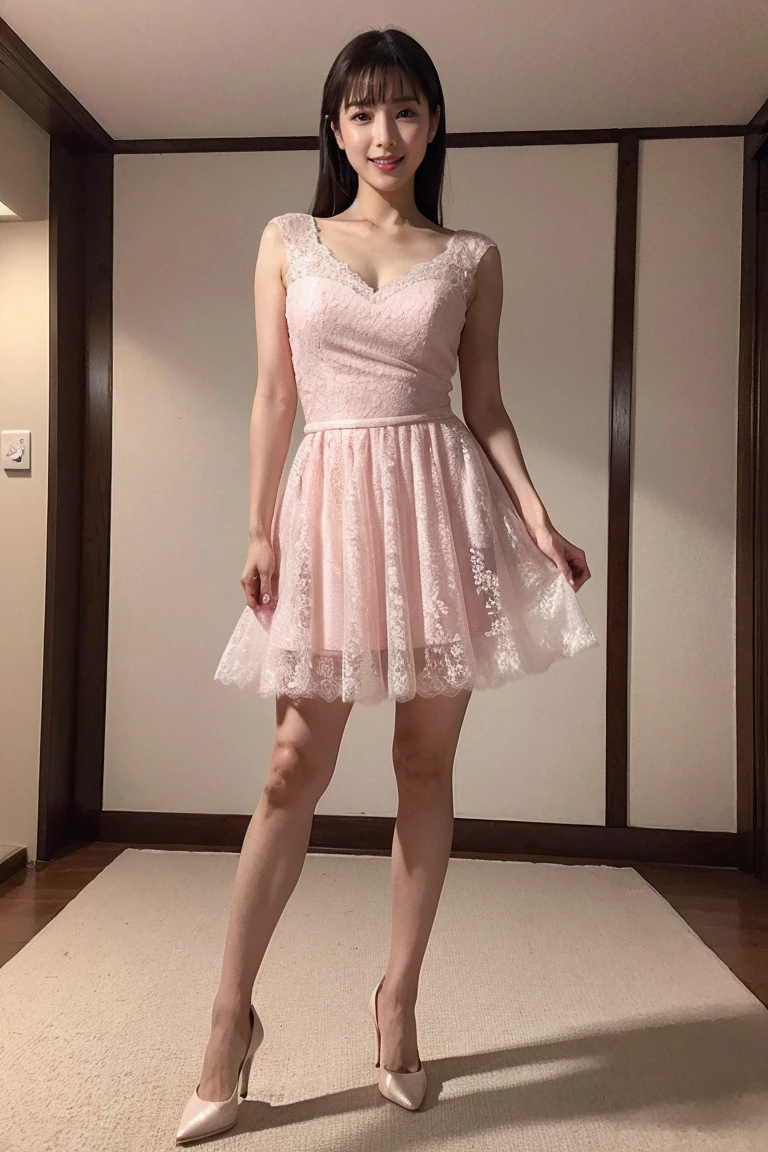Medium Size Display, Medium Shot, Written boundary depth, Photograph the whole body:1.5, Are standing、Movie angle, masterpiece, Highest quality, Very detailed, CG, 8k wallpaper, Beautiful Face, Delicate eyes, Otome, alone, smile, Mint green dress,  bouquet、High heels、Action pose、Taekwondo stance