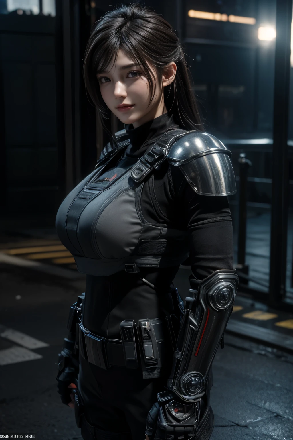 Game art,The best picture quality,Highest resolution,8K,(A bust photograph),(Portrait),(Head close-up),(Rule of thirds),Unreal Engine 5 rendering works,
Photorealistic, Soft light, (Detailed face),The tattoo, An eye that invites the viewer, Lover's perspective, inviting expression, Sexy smile, Perfect Style, Perfect balance, Detailed skin, Naughty gaze, Chest visible,(Future combat suit,Elbow guard),((Armed police costume,Police uniform,Armor)),
photo poses,city background,Movie lights,Ray tracing,Game CG,((3D Unreal Engine)),OC rendering reflection pattern