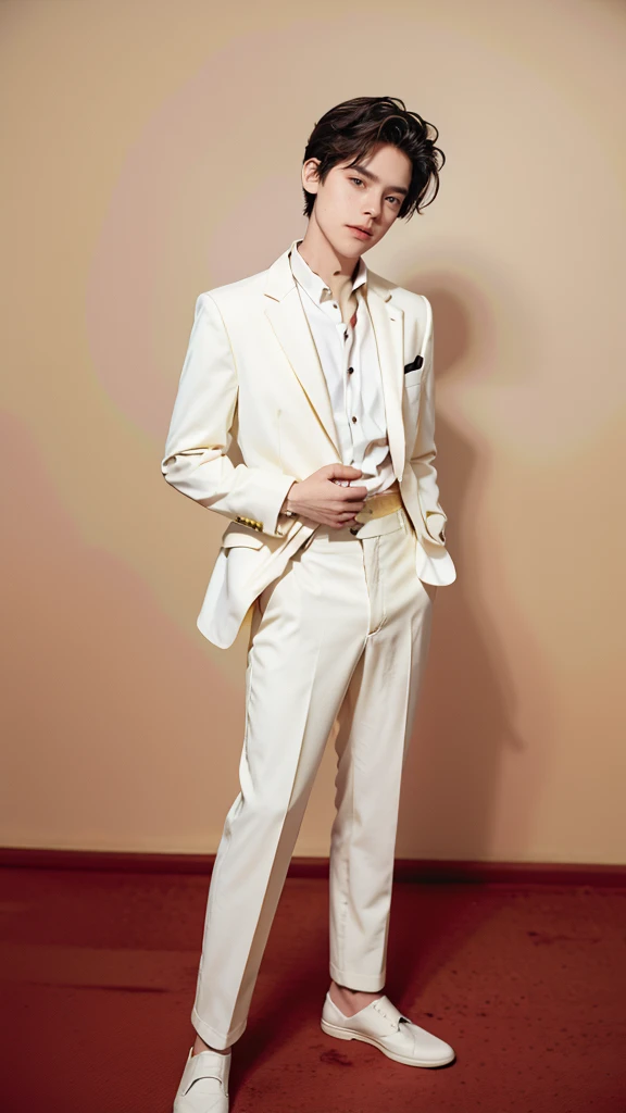 Full Body Photo 、 8K HD High Quality Image 、 Studio Background 、 Handsome 、 Natural Face, Accurate 、 1 DYLAN SPROUSE 、White skin 、 Yellow hair 、FULL red tuxedo set 、black shoes 、Standing in a Full Height from Head to toe 、Cool man haircut 、Holding a rose 、NO MAKE UP 、Red FACE MASK 、Red fedora 、Red tuxedo pants 、Black necktie 、Round Eyeglasses