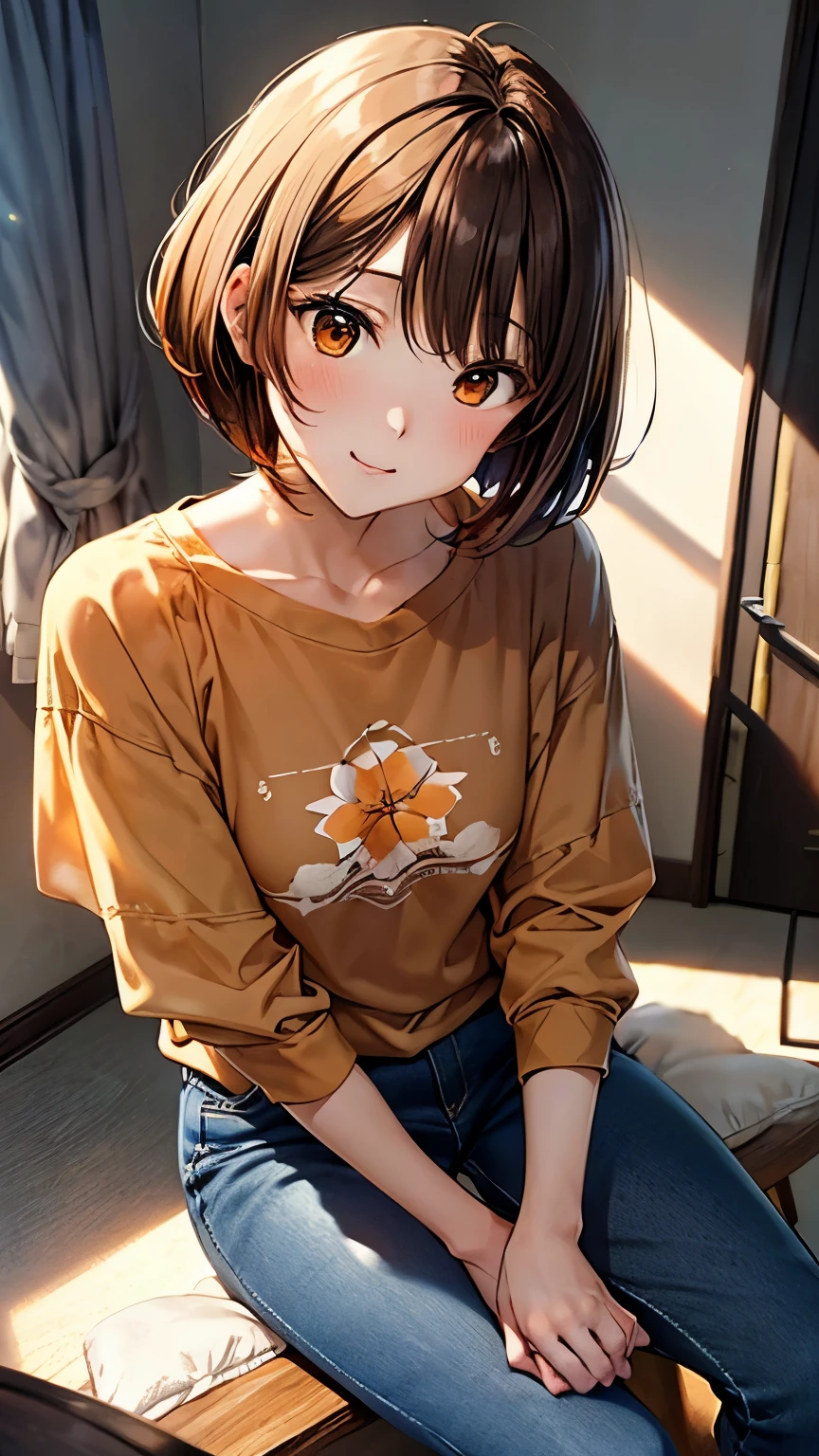 Anime girl sitting on a bed with a laptop in her lap - SeaArt AI