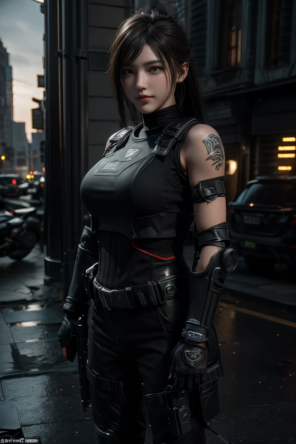 Game art,The best picture quality,Highest resolution,8K,(A bust photograph),(Portrait),(Head close-up),(Rule of thirds),Unreal Engine 5 rendering works,
Photorealistic, Soft light, (Detailed face),The tattoo, An eye that invites the viewer, Lover's perspective, inviting expression, Sexy smile, Perfect Style, Perfect balance, Detailed skin, Naughty gaze, Chest visible,(Future combat suit,Elbow guard),((Armed police costume,Police uniform,Armor)),
photo poses,city background,Movie lights,Ray tracing,Game CG,((3D Unreal Engine)),OC rendering reflection pattern
