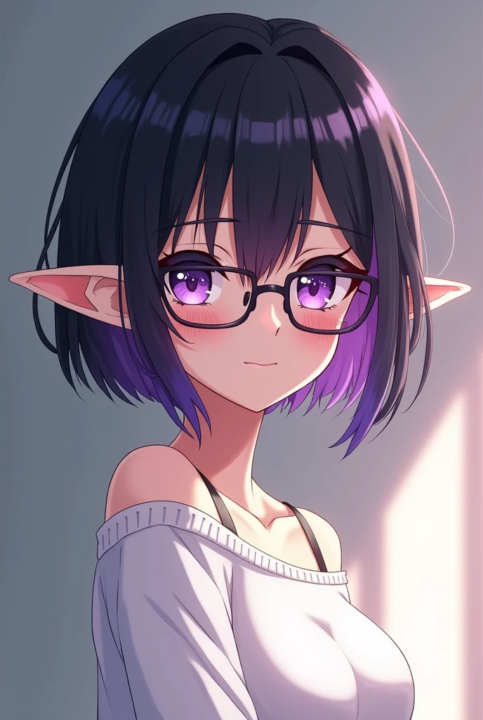 Elf anime girl , wear glasses, short black hair dyed purple at the ends , white sweater and pulled slightly showing her shoulder.
