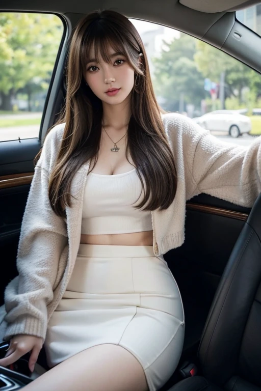 20-25 yo, ((best quality, HD quality)), ((masterpiece)), (detailed The whole body (from head to toe is smooth and very sexy)), perfect face, beautiful girl In the car with a midriff shirt, and wearing a black skirt, perfect body, chinese woman, chinese girl, cute girl, cute woman, sexy girl(but not too sexy), Very charming, realistic smile, beautiful long hair, She was in the car(Mercedes-Maybach Exelero),