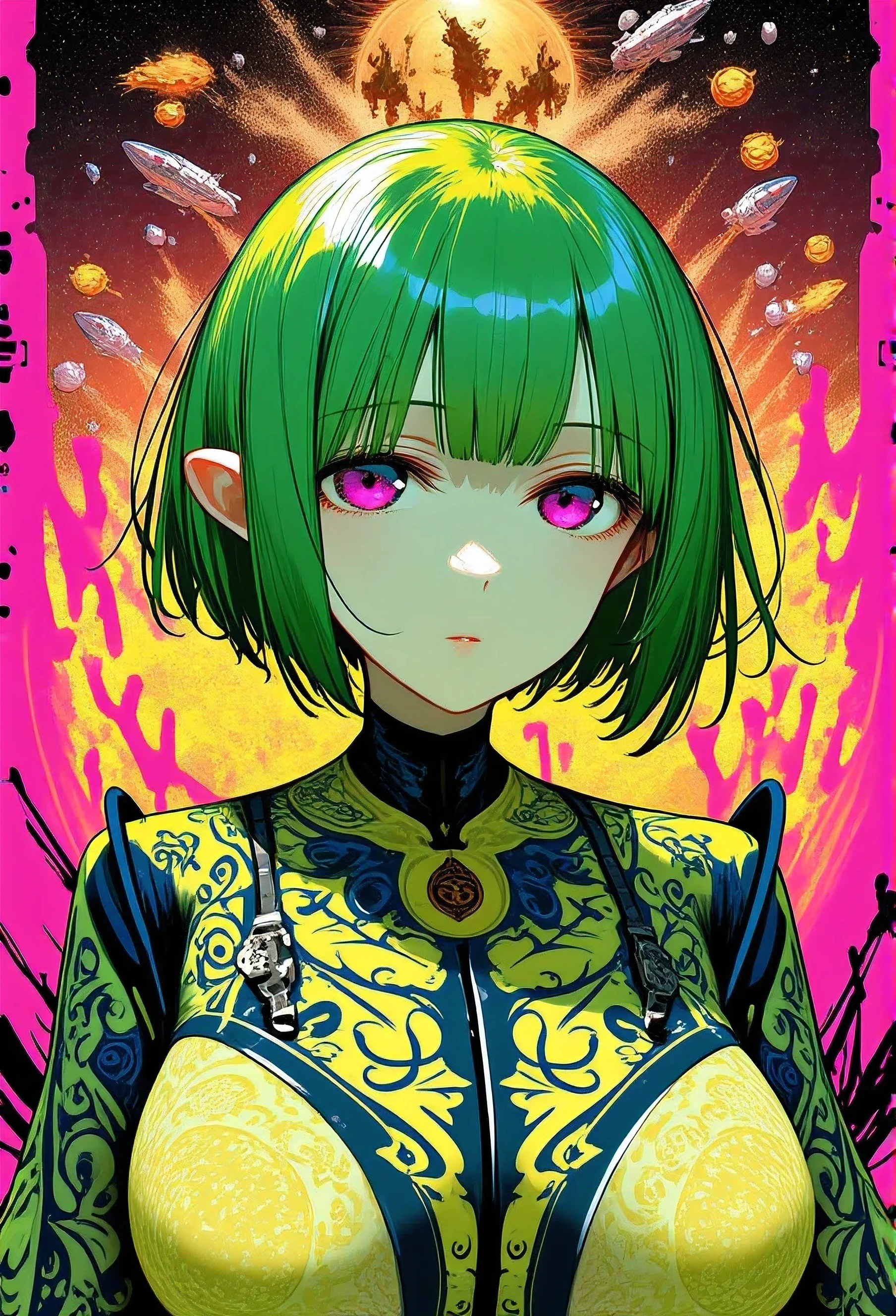 ((best quality)), ((masterpiece)), (detailed), perfect face of cyberpunk mecha japanese girl, neon pink eyes, neon green body, neon green hair, ((monochromatic neon pink, yellow, and green color palette)), surreal, art nouveau, in the illustrative style of moebius, spaceships, aliens, fantasy, sci-fi, graphic novel, line drawing, french retro, bizarre, gallery worthy, work of uncanny art,